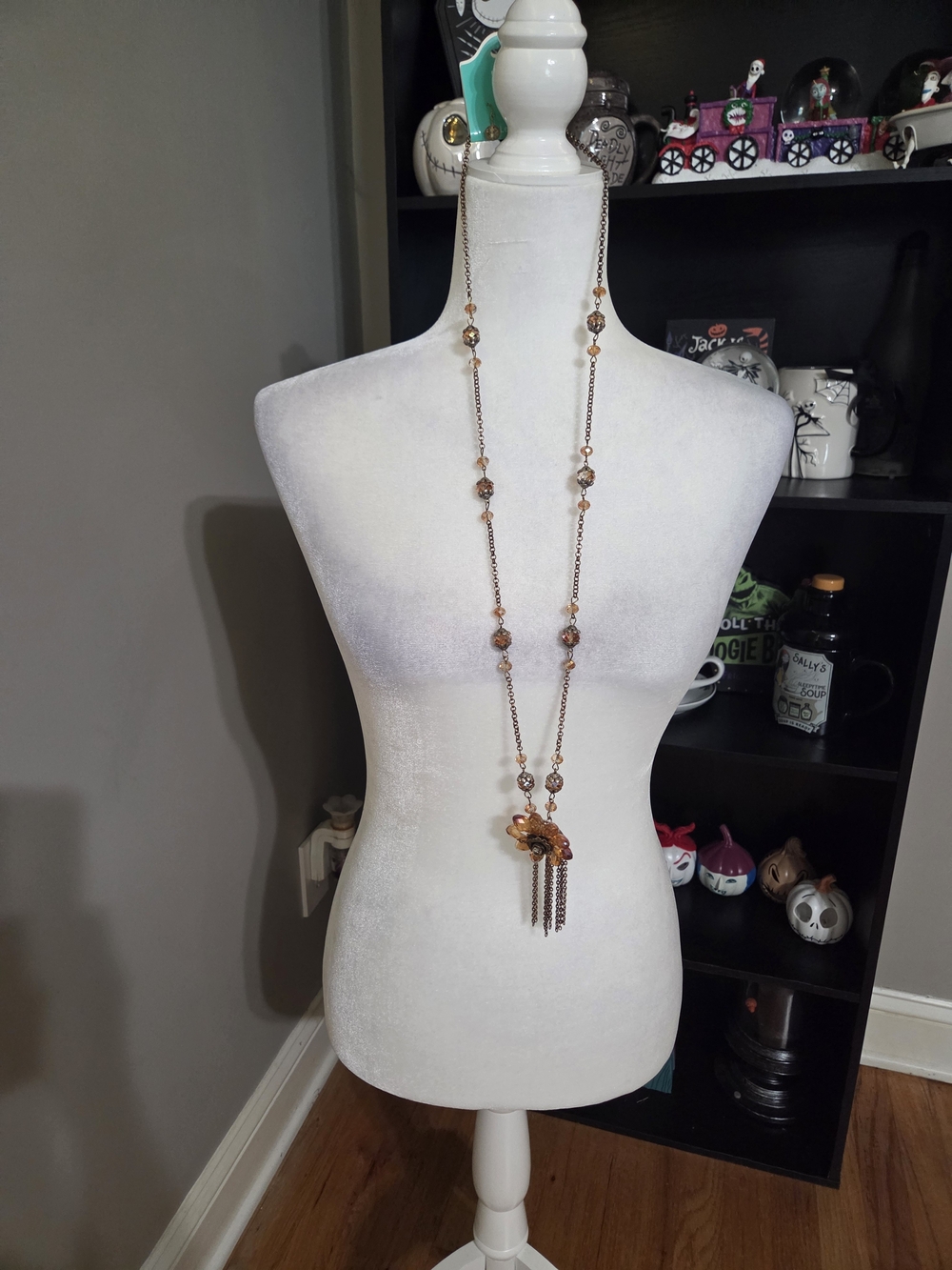 Long Gold-Tone Beaded Pendant Necklace with Amber Accents Large Flower Tassle